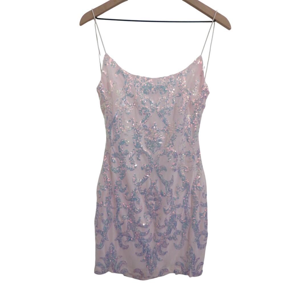 B.Darlin Sz L Pink Holo Sequin Open Back Mini Dress Party Club Y2K Cocktail